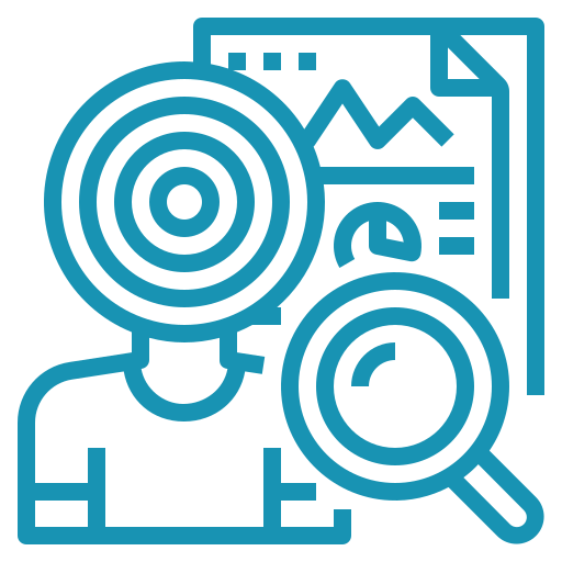 An icon of a person with a target symbol over their head, holding a magnifying glass. Behind them is a document with graphs and charts. The image represents the concept of strategic data analysis or market targeting essential for business success coaching.