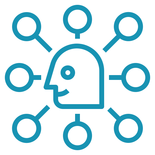 A simple blue line drawing of a human head centered among nine evenly spaced circles interconnected by lines. The minimalist design symbolizes connectivity, networking, or mind mapping—ideal for illustrating concepts in business success coaching or strategy. The background is white and clean.