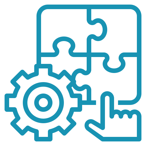 A blue icon showing a puzzle with a piece missing, a gear symbolizing settings or mechanics, and a hand pointing or touching the puzzle, signifying problem-solving, integration, or technical support—perfect for illustrating strategy in the Florida marketing landscape.