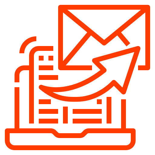 An orange icon depicting a laptop with an open screen displaying text. An envelope and a curved arrow point from the laptop toward the envelope, suggesting email or message sending—perfect for illustrating Florida Marketing strategies or Business Success Coaching tools.