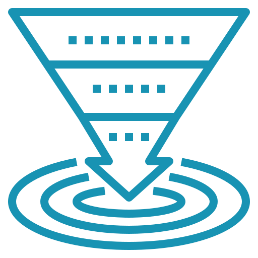 An illustration of a funnel icon with three horizontal sections, transitioning from wider to narrower. A downward-pointing arrow emerges from the bottom of the funnel, directing towards concentric circles below, symbolizing a focused outcome or process convergence—a perfect visualization for strategy in business success coaching.