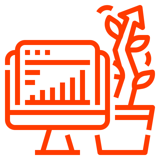 An icon depicts a computer monitor displaying a bar chart next to a potted plant with two upward-pointing arrows integrated into its design, symbolizing business success. The graphic is rendered in an orange outline style, perfect for Florida Marketing strategies and coaching tools.