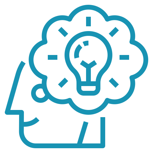 Outline of a human head with a cloud above it, containing a light bulb, symbolizing ideas or innovation. Rays around the light bulb indicate inspiration or a sudden realization. The image, ideal for Florida Marketin, is in turquoise color on a transparent background.