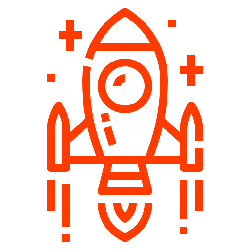 A simplistic, orange line drawing of a rocket ship with small wings on both sides and a circular window near the top. The rocket is pointing upward, surrounded by small stars, symbolizing Florida Marketin's strategy for business success coaching as it launches into new heights.