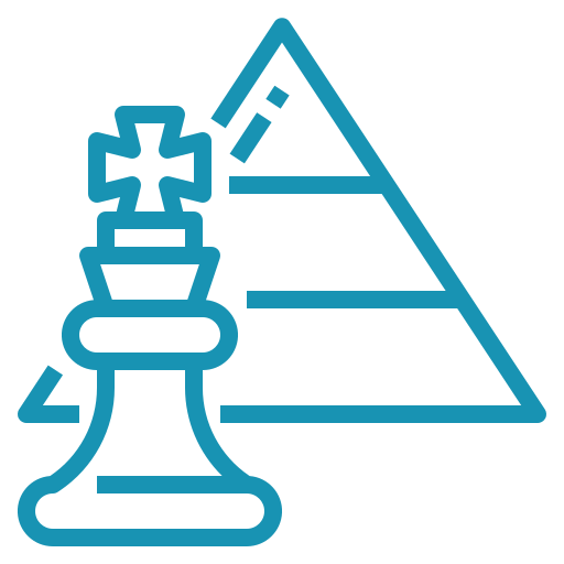 Illustration of a chess piece, specifically a king, in front of a pyramid. The design is made up of simple, blue lines, symbolizing strategy and business success coaching.