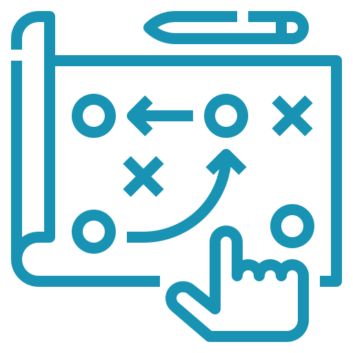 A blue line drawing of a hand pointing to a playbook or strategy plan for Florida marketing. The plan shows marked circles and crosses connected by arrows, indicating movement or tactics. A pencil rests on top, suggesting planning or strategy development for business success coaching.