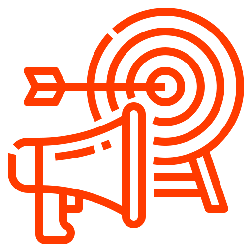 An orange line drawing features a bullseye target with an arrow hitting the center, symbolizing precise strategy. In front of the target is a megaphone pointing outward, representing effective communication for business success coaching.