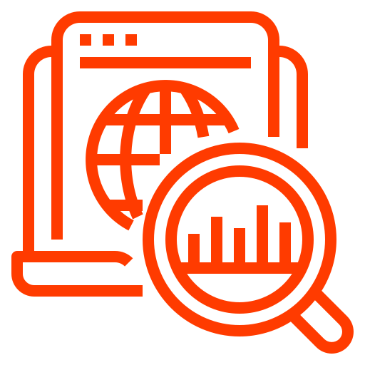 An orange icon depicting a magnifying glass hovering over a bar chart. The magnifying glass is placed over a globe symbol on a web page, representing data analysis or global web analytics—essential tools for effective strategy in Florida Marketing and Business Success Coaching.