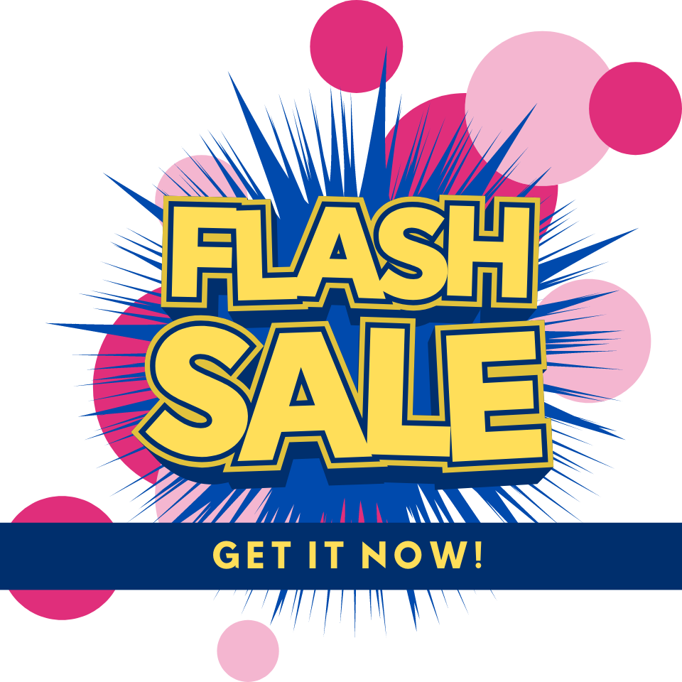 Graphic of a "FLASH SALE" announcement in bold yellow letters with a blue outline, set against a blue burst design and pink circles. The text "GET IT NOW!" is displayed on a blue banner at the bottom—perfect for your Florida Marketing needs!